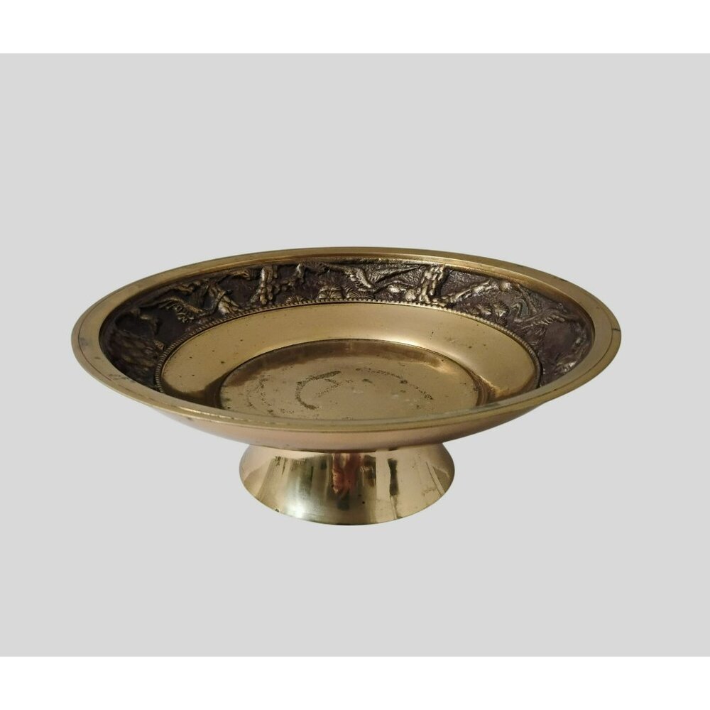 Vintage Asian Brass Pedestal Footed Bowl Flying Crane Birds Heavy Ornate 9"
